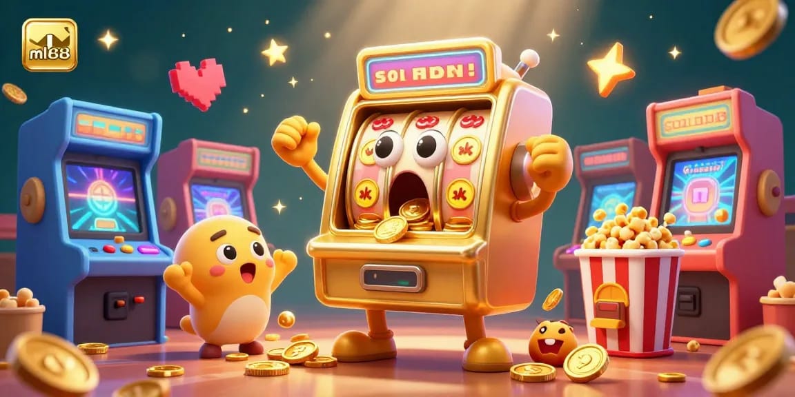 ml88 slot machine celebrating a jackpot with coins pouring out, surrounded by baby machines and arcade elements.