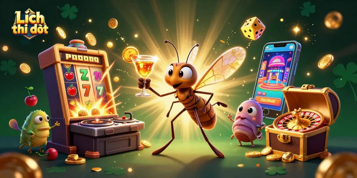 Experience Lịch thi đấu thrilling moments with a mosquito mascot and casino elements in 3D fun.