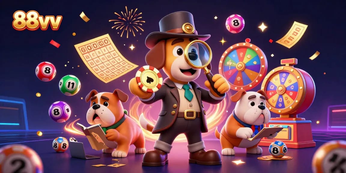 Experience excitement with 88vv as detective and bulldog uncover lottery treasures amidst vibrant game elements.
