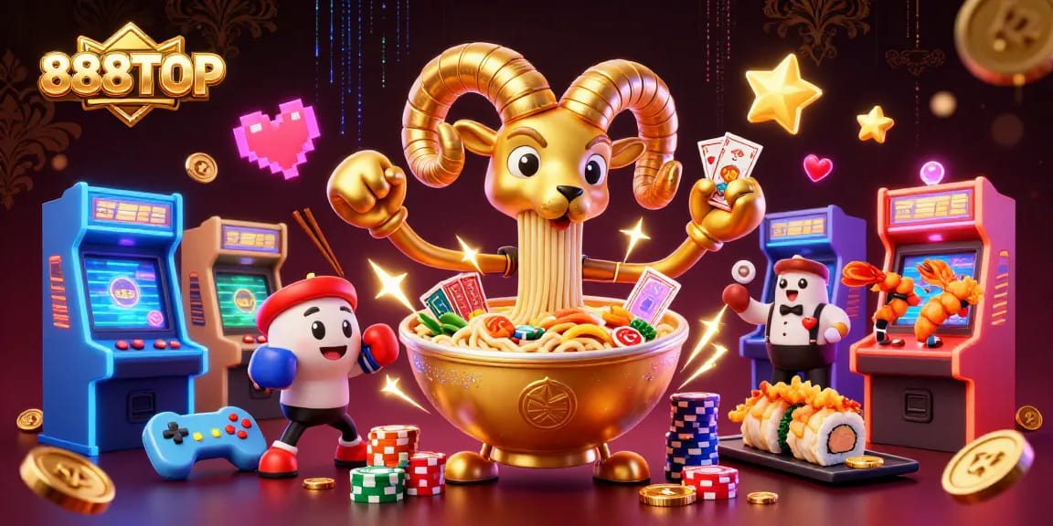 Experience the excitement at 888TOP with our vibrant casino-themed 3D illustration featuring unique characters and game elements.