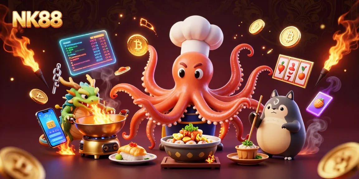 Experience big wins at NK88 with vibrant slots and crypto action in a dynamic illustration.