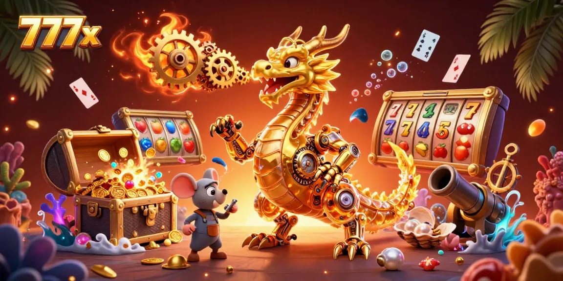 Engage with the thrilling world of 777x casino games featuring a mechanical dragon and slot elements.