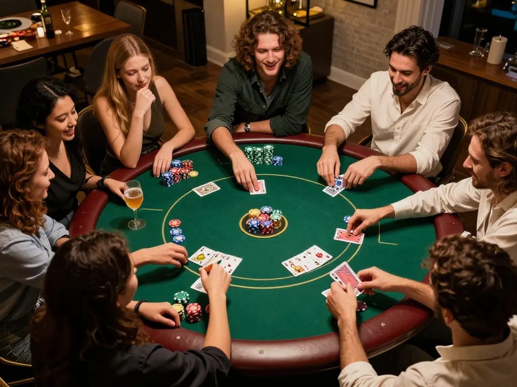 Friends enjoying a lively game xx88 of poker during a cozy home night, showcasing dynamic gameplay and camaraderie.