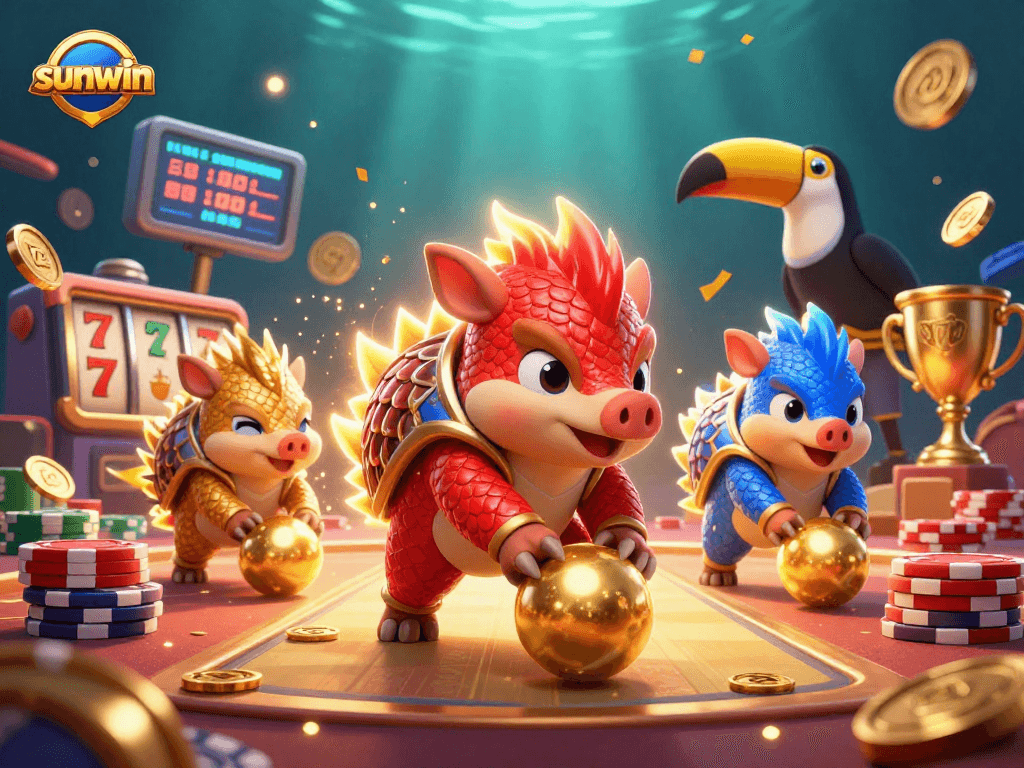 Engage with the sunwin gameplay featuring animated pangolins in a lively casino scene of slot reels.