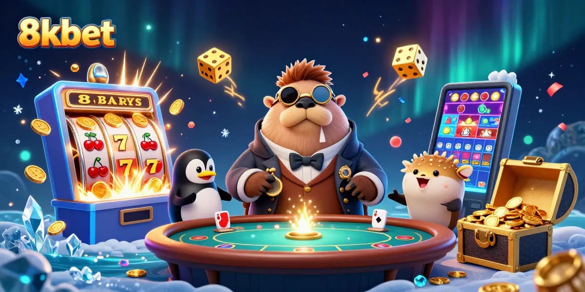 Exciting 8kbet casino illustration featuring a walrus and friends at a vibrant poker table.