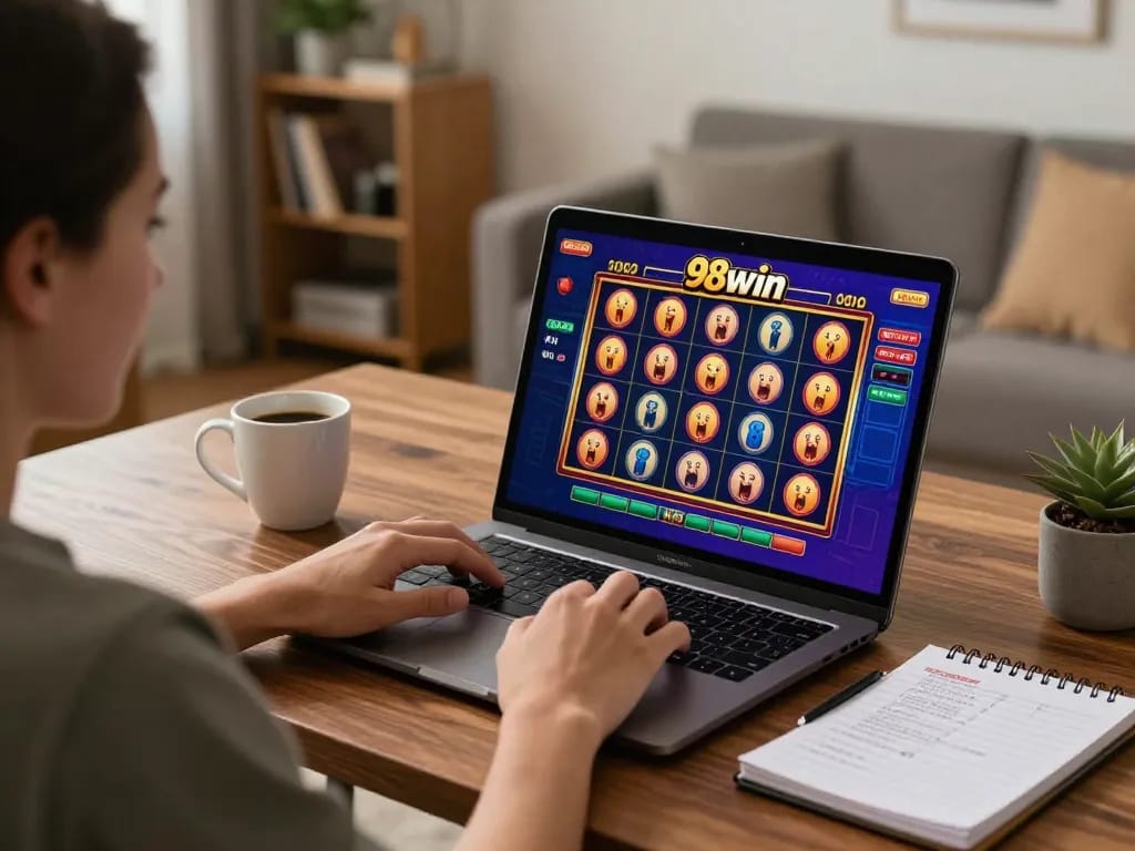Playing the game 98win on a laptop at home, showcasing dynamic excitement and strategic gameplay