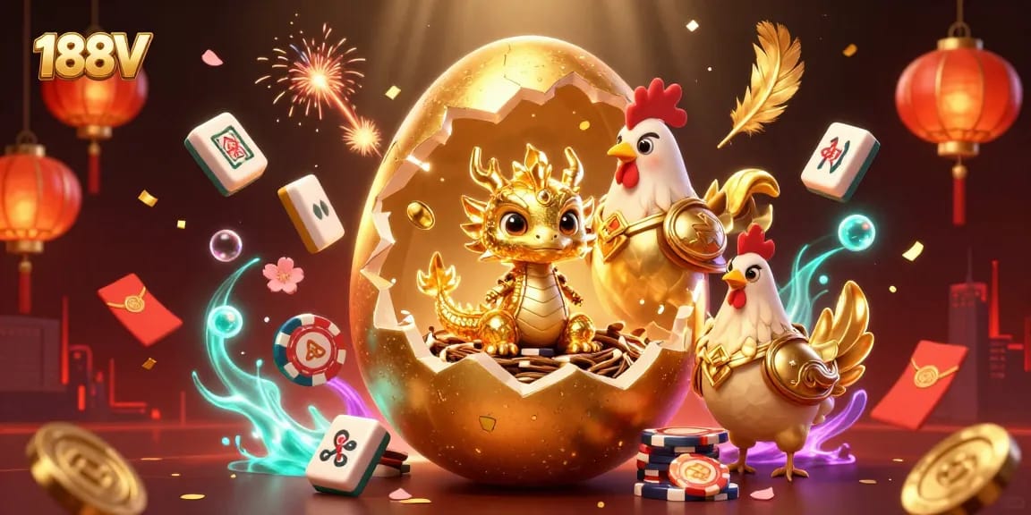 Experience thrilling casino adventures with 188V's vibrant golden dragon and poker chips illustration.
