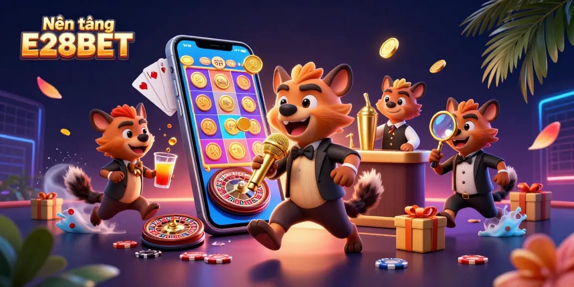 Nền tảng E28BET interactive casino scene with hyenas entertaining players at a vibrant comedy club