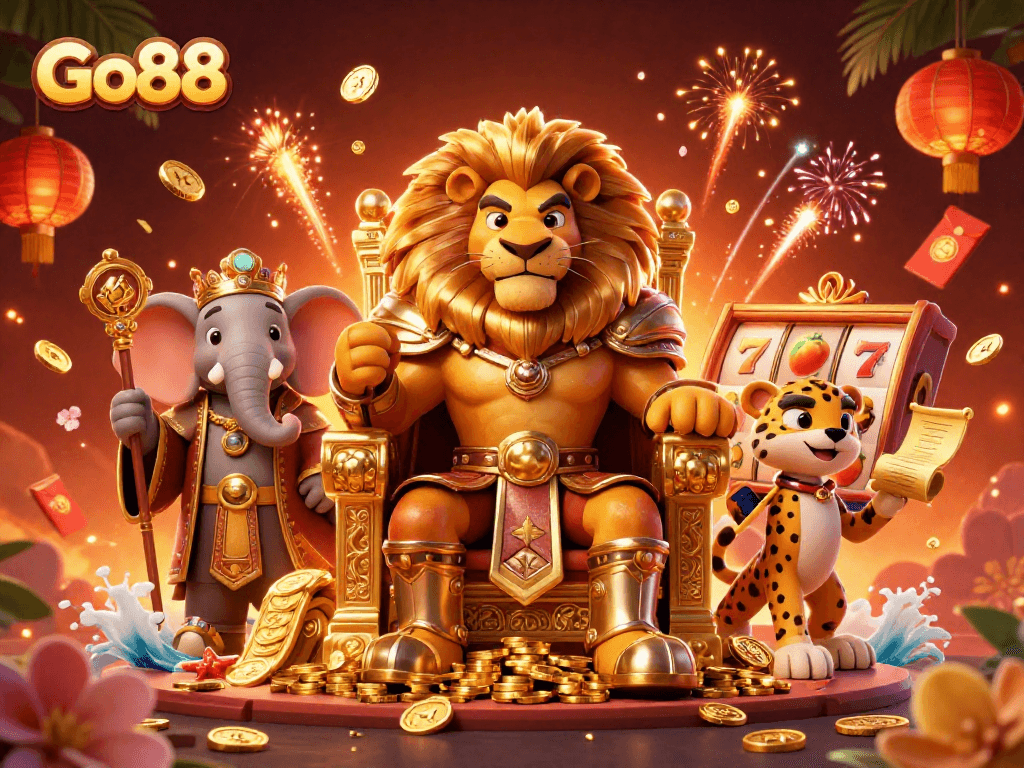 Experience Go88's casino environment with a fierce lion king and vibrant game elements.