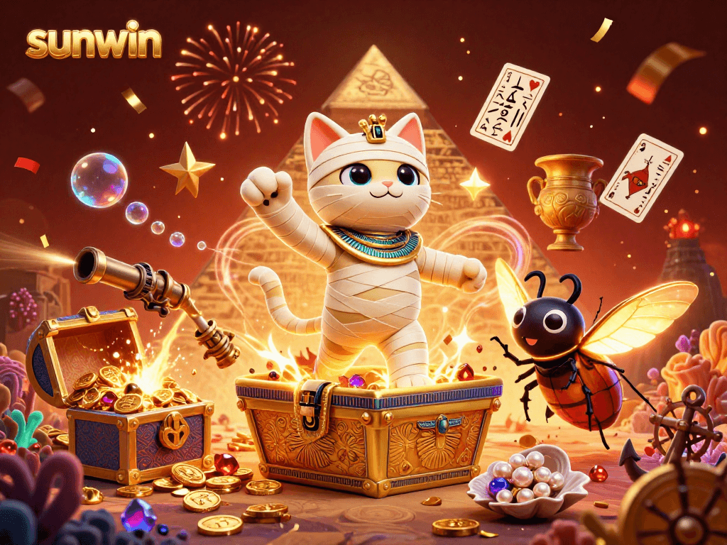 Experience the thrilling excitement of sunwin's vibrant casino adventure with a mummy cat and glowing treasures.