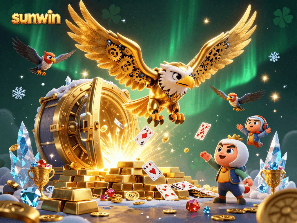 Experience the thrill of sunwin with a cybernetic eagle diving among vibrant holographic cards and golden treasures.