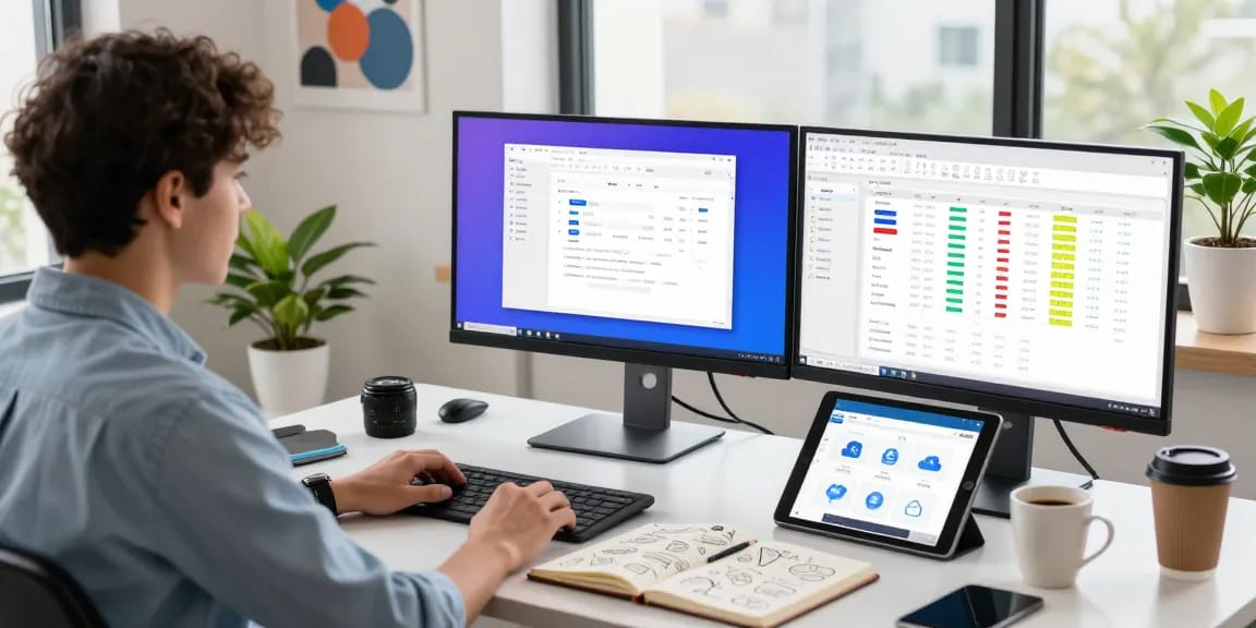 WPS Download showcased on dual monitors in a stylish digital workspace.