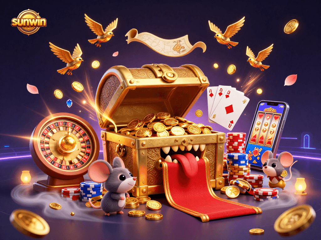 Spin and win with sunwin at a vibrant casino, featuring treasure chests and dynamic gaming elements.
