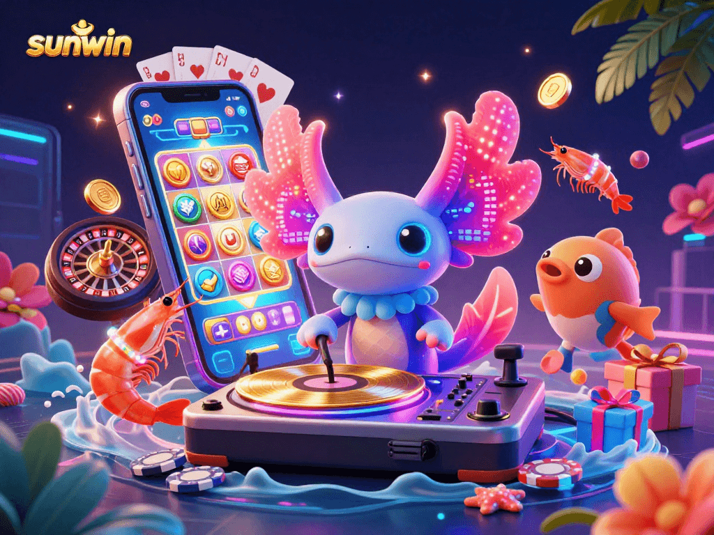 Experience sunwin's vibrant casino scene with a neon-colored axolotl DJ and dynamic underwater elements.