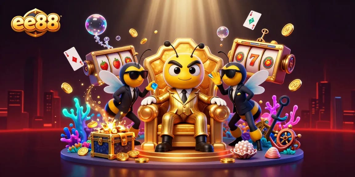 Engage with ee88's thrilling casino experience featuring a cartoon bumblebee mob boss amidst vibrant game elements.