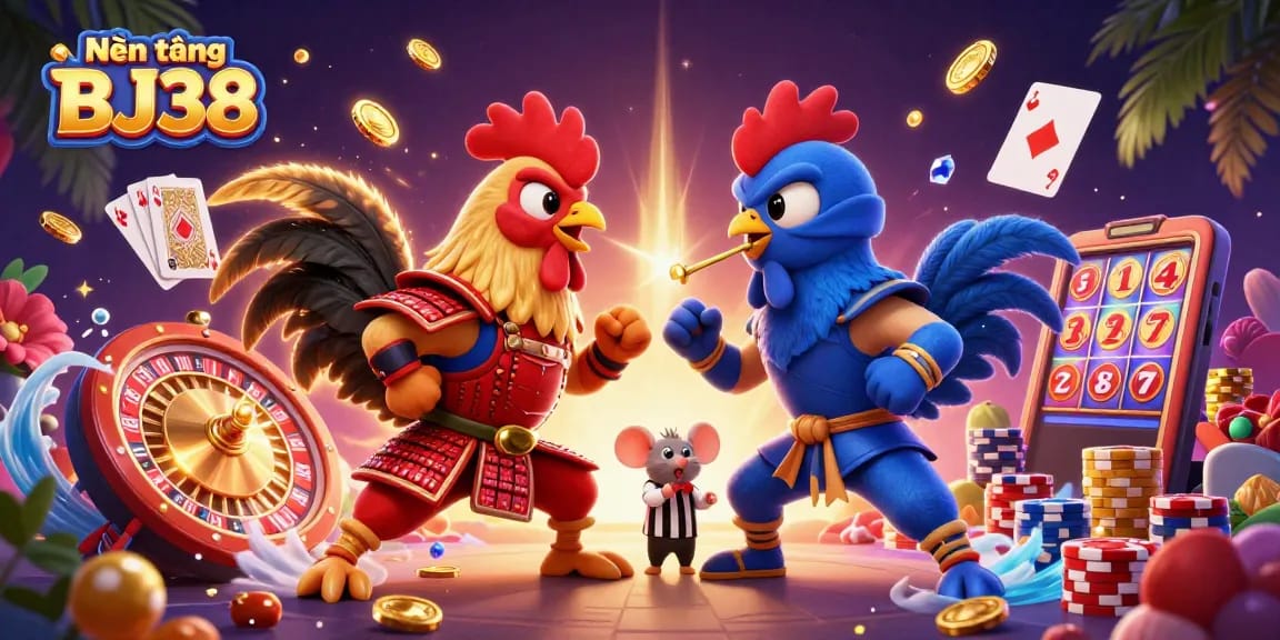 Experience thrilling competition in Nền tảng BJ38 with dynamic roosters and vibrant casino elements.