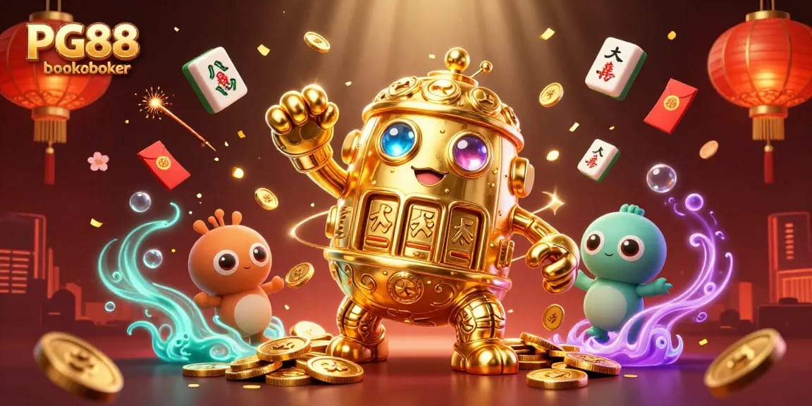 Experience thrilling gaming at PG88 bookmaker with a dynamic scene of a golden golem, lively game elements, and festive decorations.