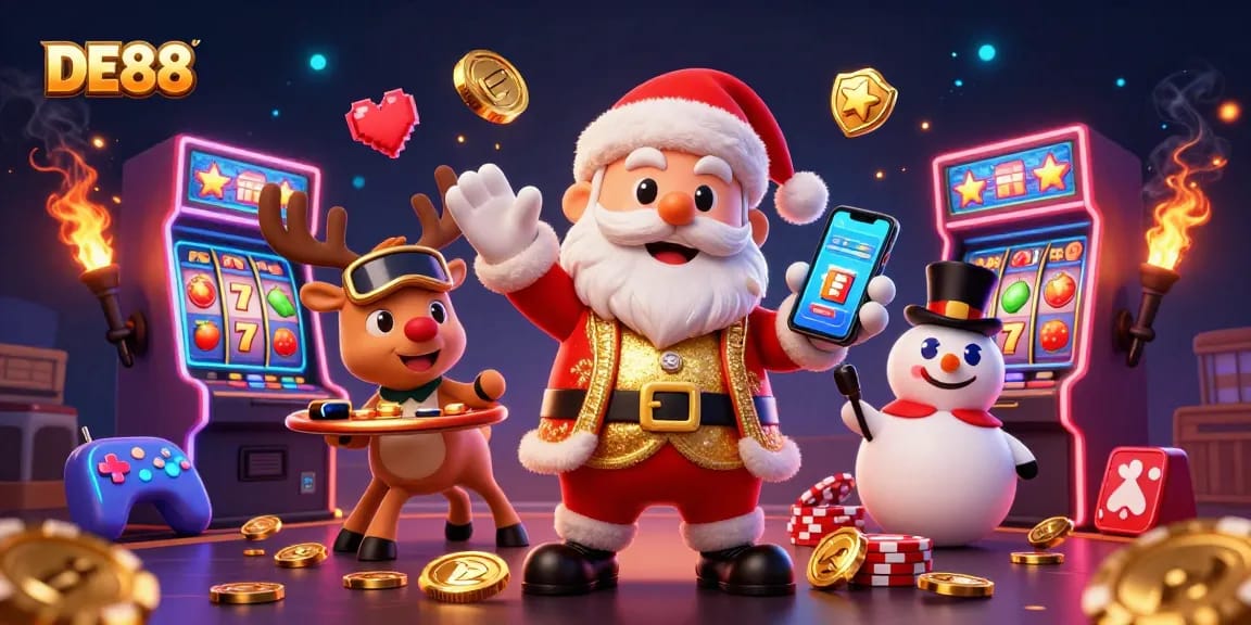 Spin winning slots at DE88 with Santa and friends in a vibrant casino scene.