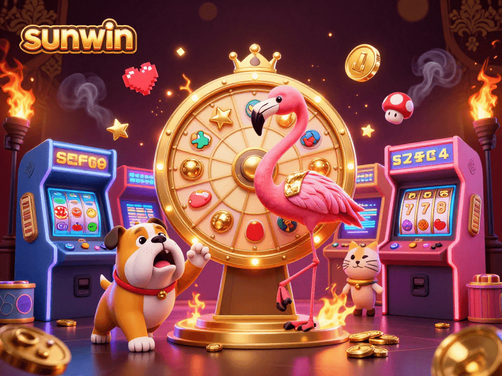 Spin the golden prize wheel with sunwin's exciting game show host in this vibrant casino scene.