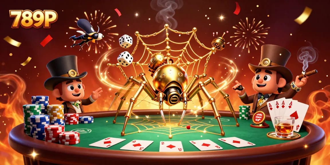 Catch the excitement of 789P's dynamic casino scene featuring a steampunk spider weaving golden chains and poker chips.
