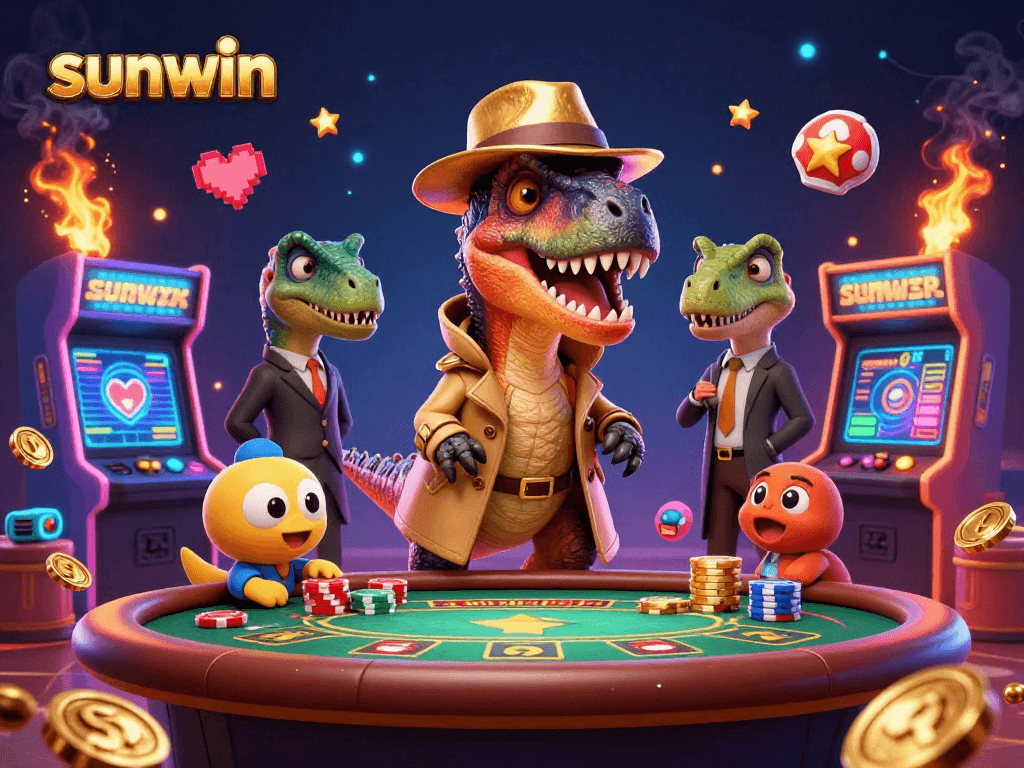 Sunwin casino scene with a velociraptor card counter, vibrant gaming elements, and a stegosaurus pit boss.