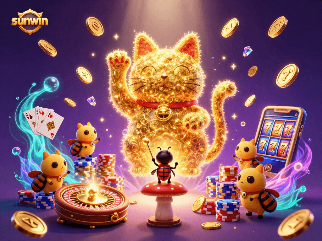 Win big with sunwin in this vibrant casino scene featuring a lucky cat!