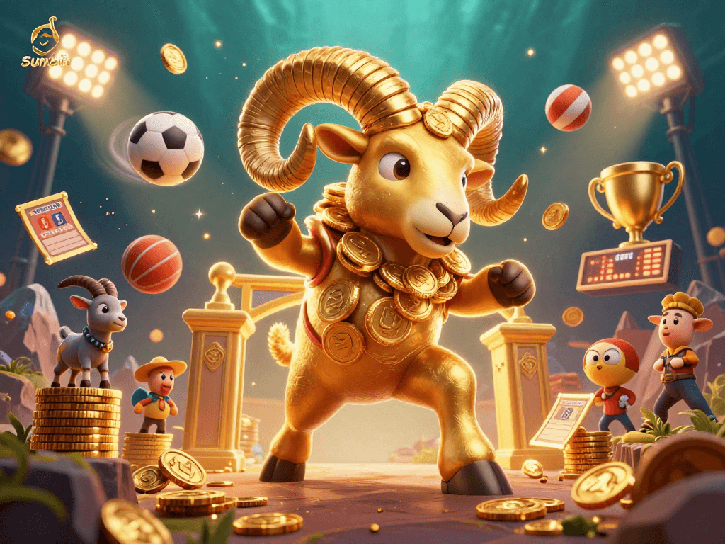 Experience thrilling wins with sunwin, featuring a dynamic 3D golden ram charging through a vibrant casino scene.