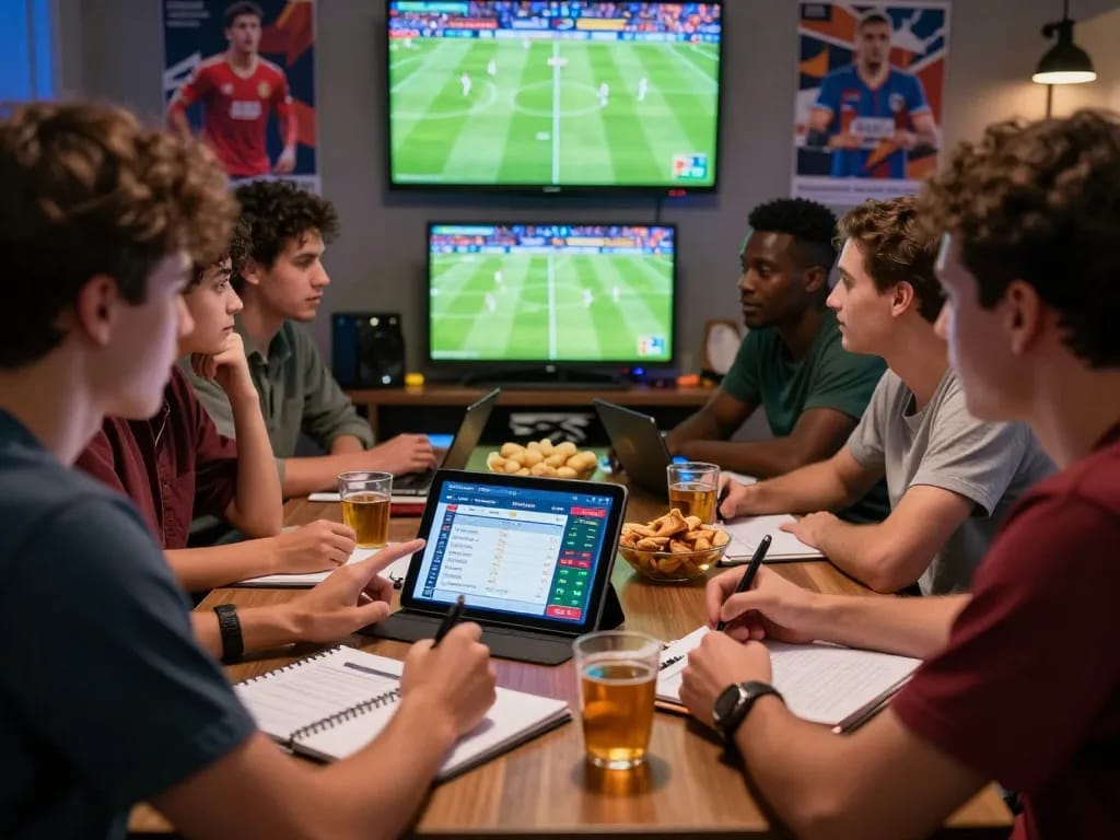 Group analyzing kèo nhà cái live betting odds during football match, engaging atmosphere with screens and notes.