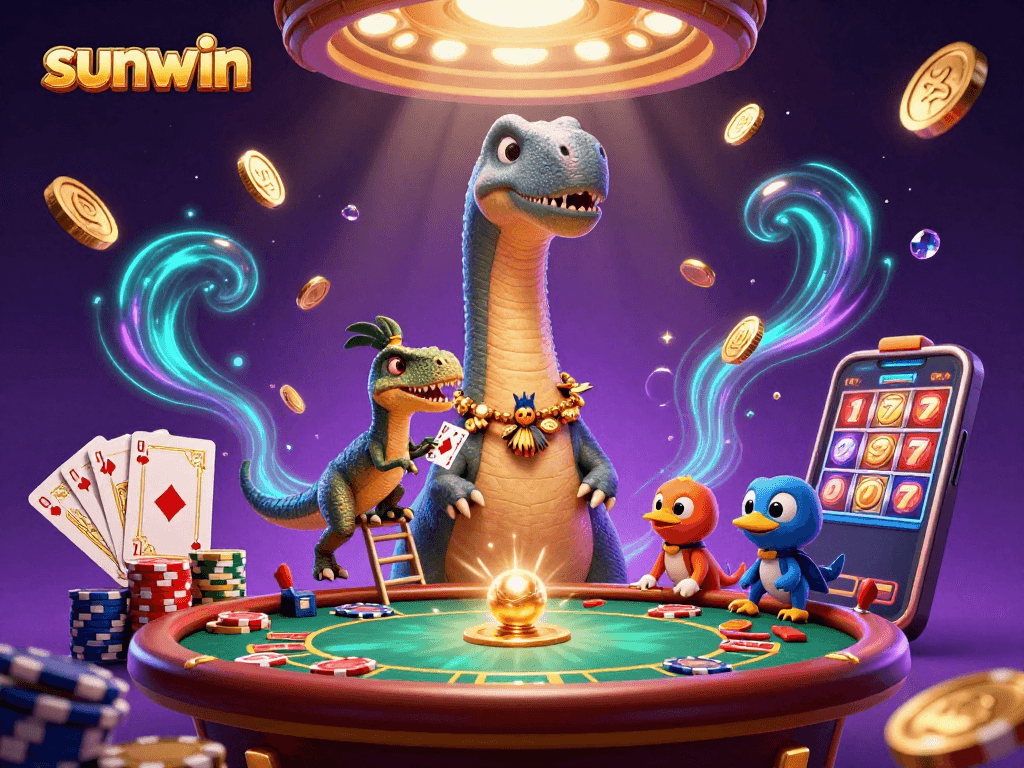 Enjoy thrilling games at sunwin while a giant brontosaurus oversees the vibrant casino scene.