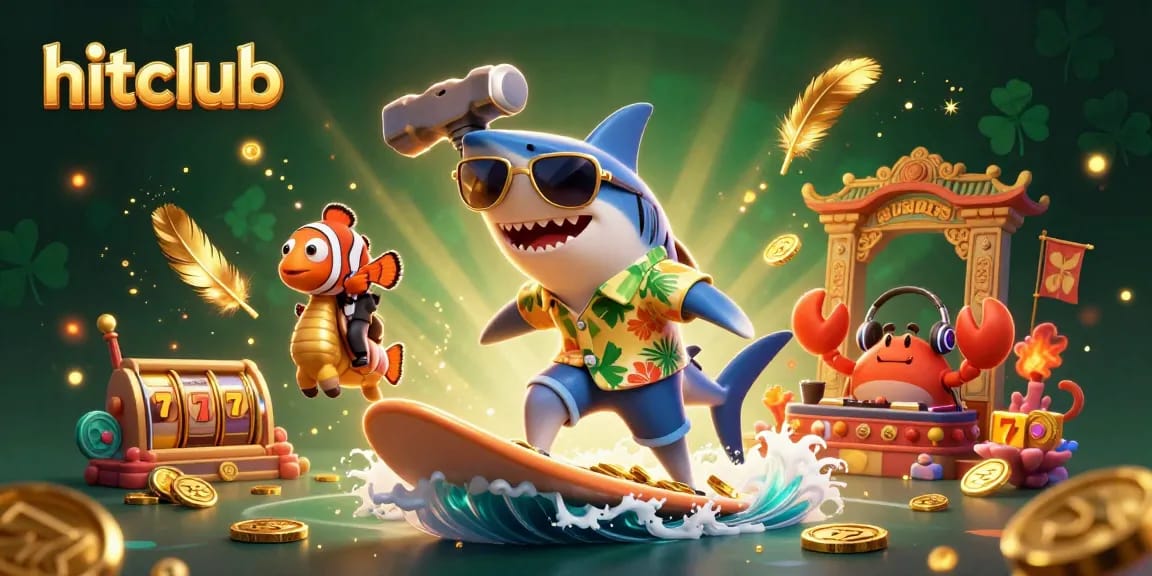 Join the excitement at hitclub live casino, featuring a shark surfing on gold coins amidst slot machines and vibrant game elements.