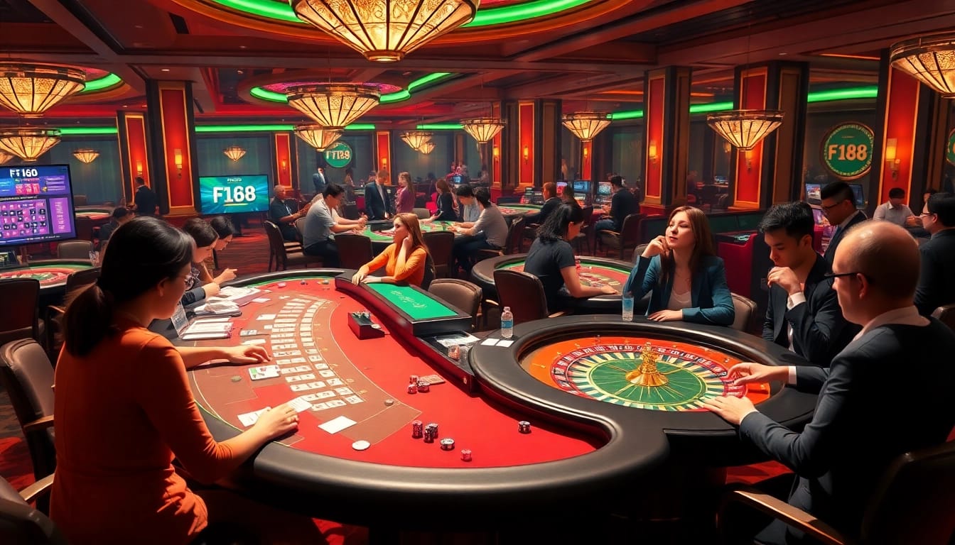 F168 casino scene showing players winning at poker tables and illuminated slot machines