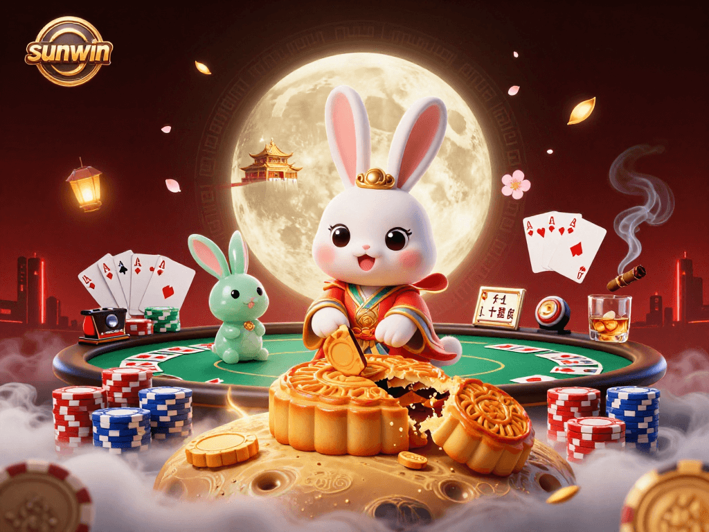Experience sunwin's exciting gaming scene with a moon rabbit surrounded by poker elements and festive atmosphere.