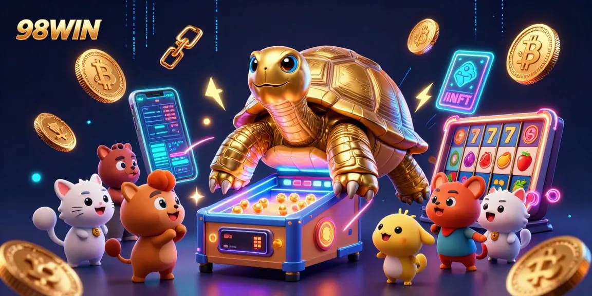 Engage with 98WIN's vibrant gaming universe featuring a golden tortoise pinball machine, crypto coins, and colorful slot elements.