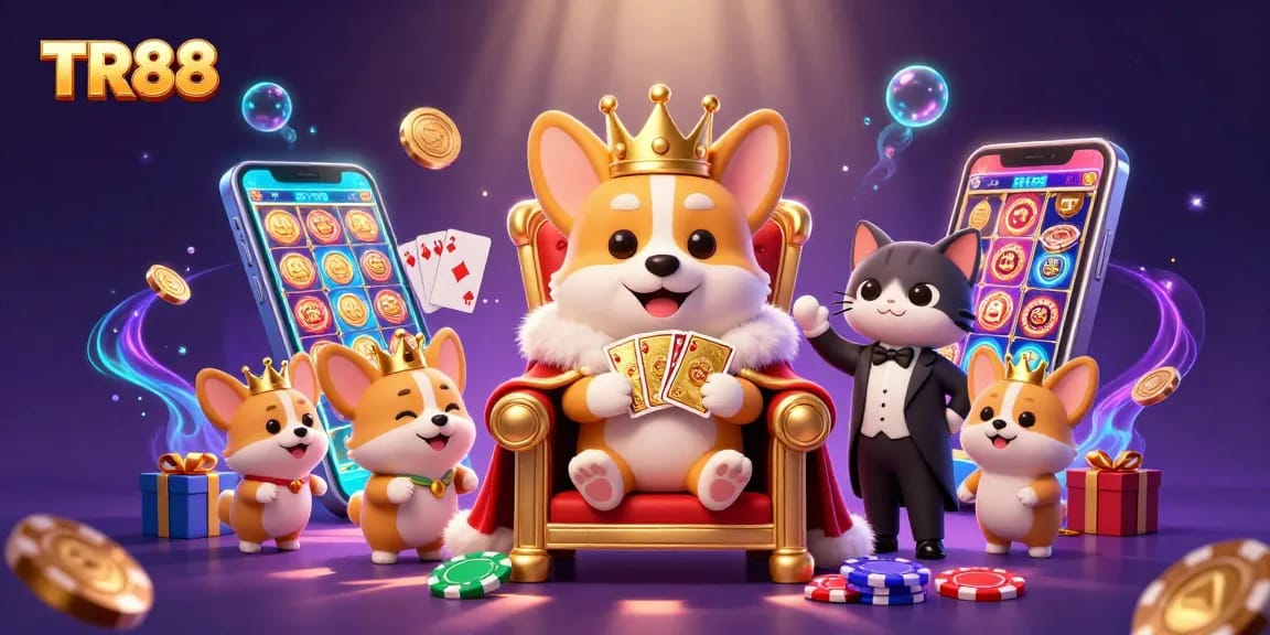 Engage with TR88 in a vibrant casino scene, featuring a royal corgi, a cat butler, and dynamic game elements.