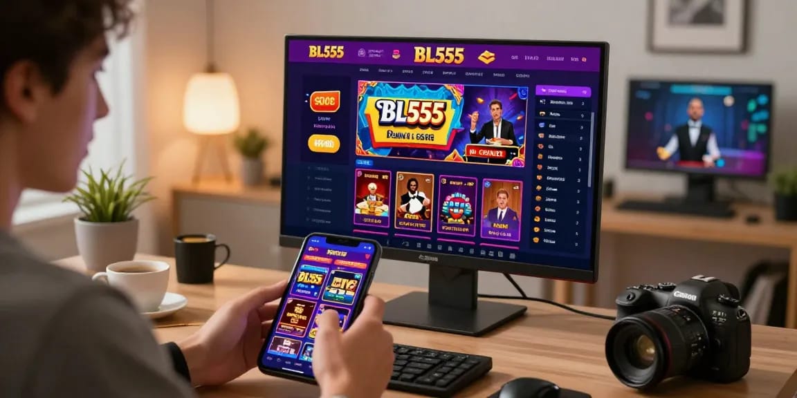 Engaging scene of a user exploring the trang bl555 online gambling platform in a modern workspace.