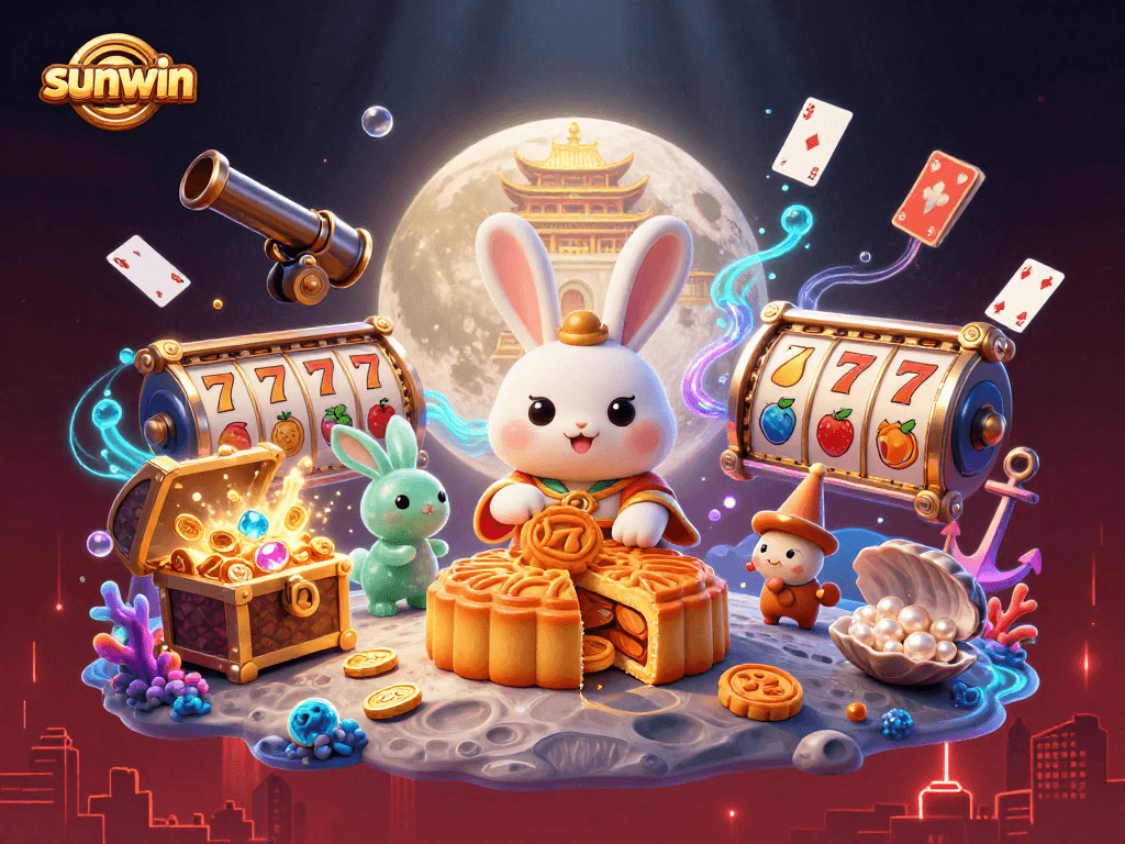 Experience exciting gameplay at sunwin, where animated moon rabbit reveals poker chips while slot gems shine!