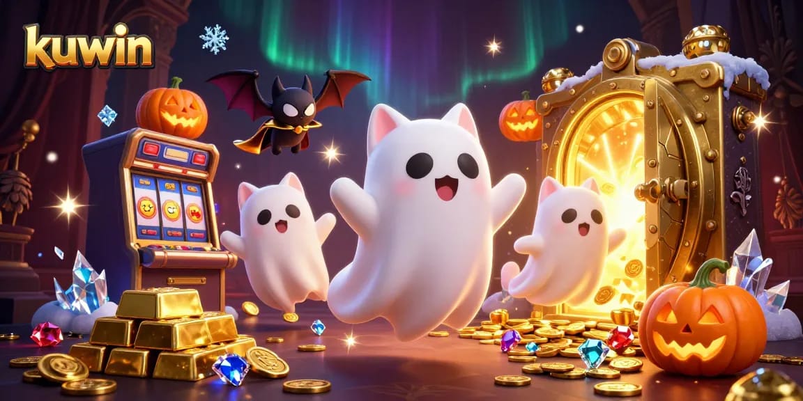 kuwin gaming scene with a friendly ghost cat and golden treasures in a haunted casino ambiance