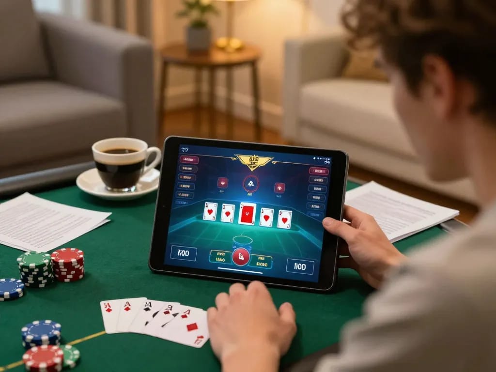 Kkwin player immersed in online poker gaming with strategy notes in cozy home setting.