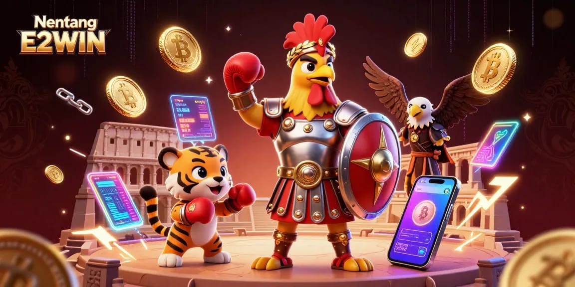Win big with Nen tang E2WIN in a vibrant 3D casino showdown featuring interactive characters and digital assets.