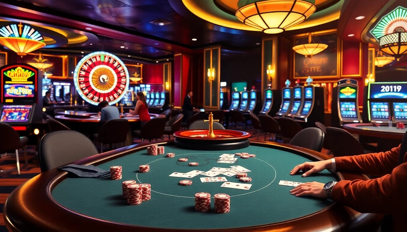 Experience the thrill of high-stakes gambling with okwin at a luxurious casino poker table, featuring vibrant chips and cards.