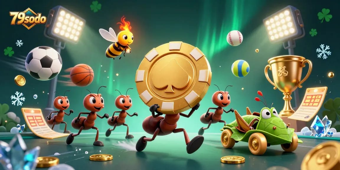 79sodo jackpots and games come alive with a heist scene featuring animated ants and vibrant sports elements.