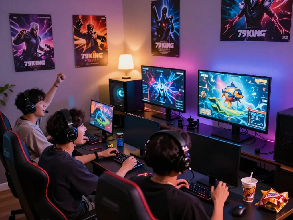 Engaging scene of friends enjoying gaming on https://79kingg.us/ with bắn cá and Star Wars, showcasing a vibrant gaming atmosphere.