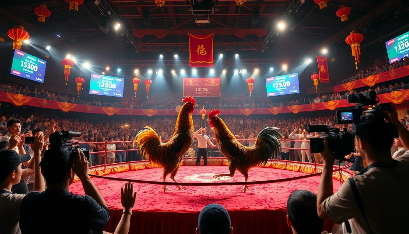 Experience the thrill of đá gà thomo in a vibrant live cockfighting arena, complete with betting excitement.