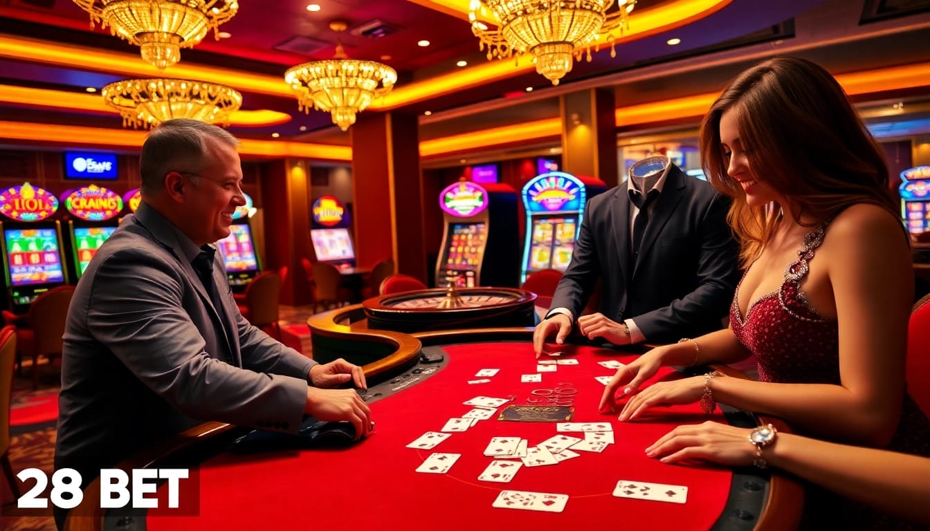 Experience the thrill of blackjack at 28BET's luxurious casino environment.