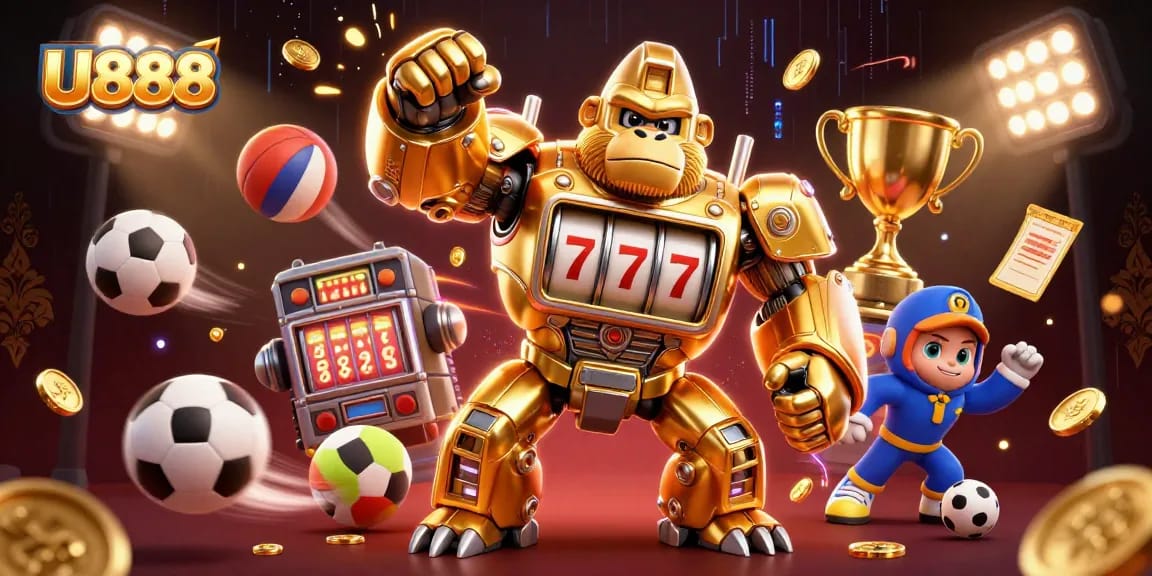 U888 gambling illustration showcasing a golden gorilla mech with slot-inspired elements amidst sports and casino games