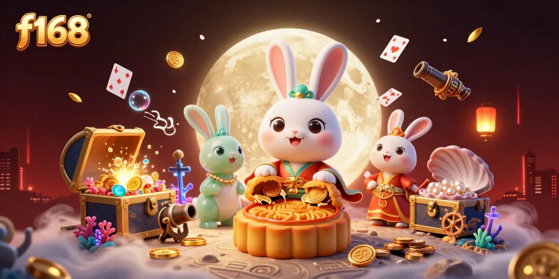 Experience the excitement of f168 with a vibrant casino-themed lunar illustration featuring moon rabbits and poker chips.