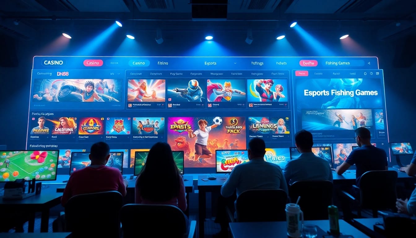 Interactive gaming scene at dn88 with dynamic visuals showcasing Casino, Esports, and Fishing Games.