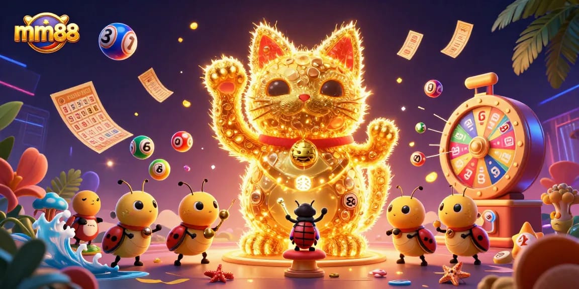 Experience mm88's dynamic casino world with colorful symbols and figures in a vibrant scene.