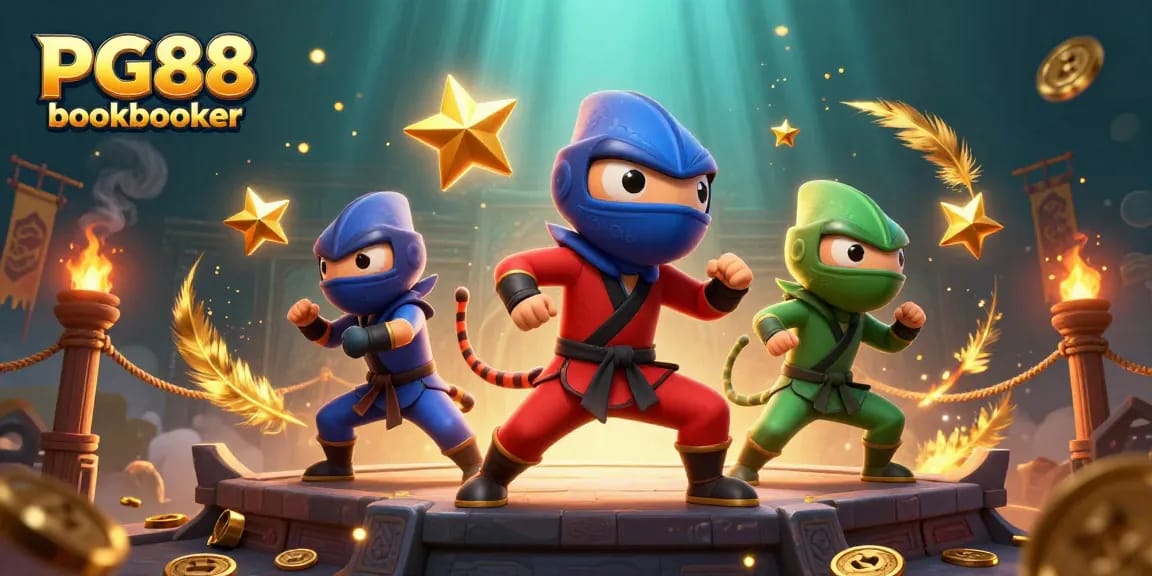 Engage with PG88 bookmaker in an energetic casino scene featuring ninja chameleons and dynamic gaming elements.