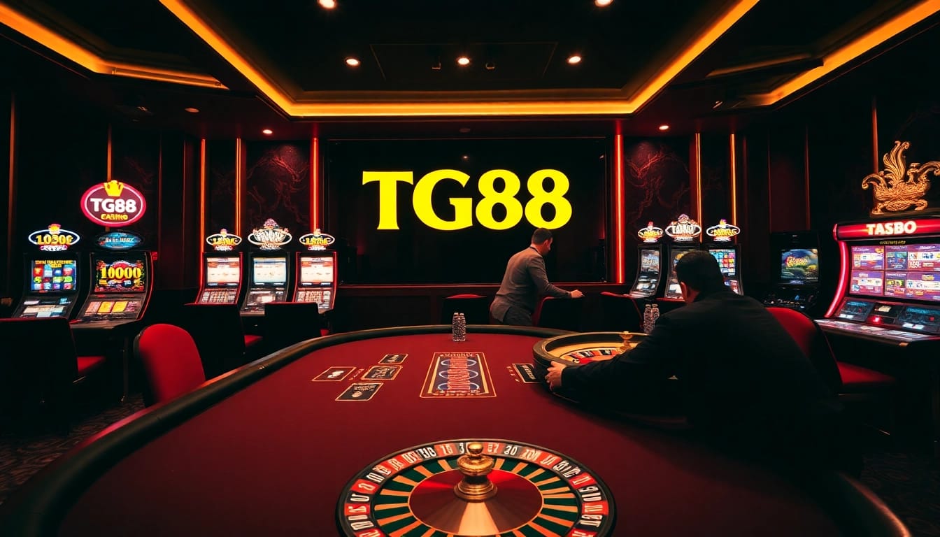 Exciting poker game at TG88 casino with vibrant slot machines and luxurious decor.